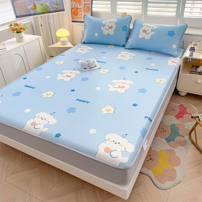 91家纺网 家纺一手货源 找家纺 雯豆家纺 2025夏季新品碳光冰丝凉席床笠款三件套印花小清新绑带冰丝席床罩 碳光冰丝席-床笠款-星星狗