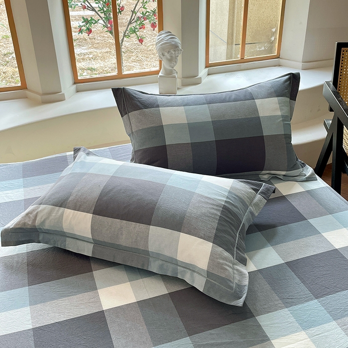 91家纺网 家纺一手货源 找家纺 喜四方 2025新款全棉色织水洗棉四件套 米夕大格-灰