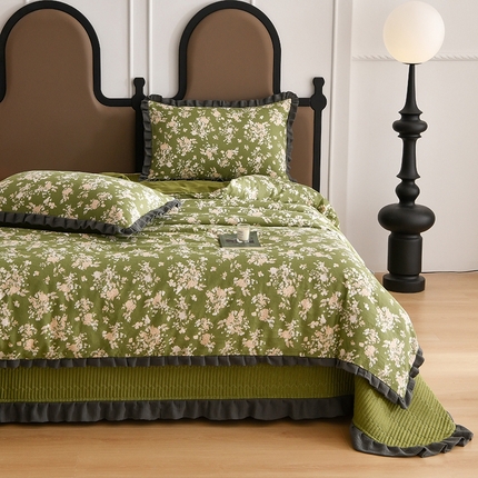 91家纺网 家纺一手货源 找家纺 （总）金艾草2026新款A类纯棉双层纱皱皱纱花边床盖四件套（复古风）