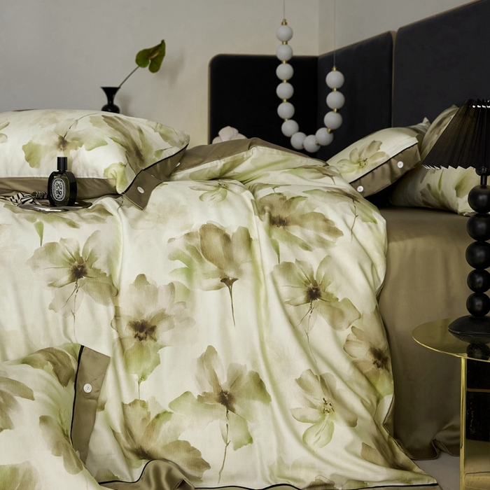 91家纺网 家纺一手货源 找家纺 金奇达2025新款【浮光花漾】-茧养莱赛尔四件套（标准号全网控价（折后券后）不低于258元） 南栀-古绿