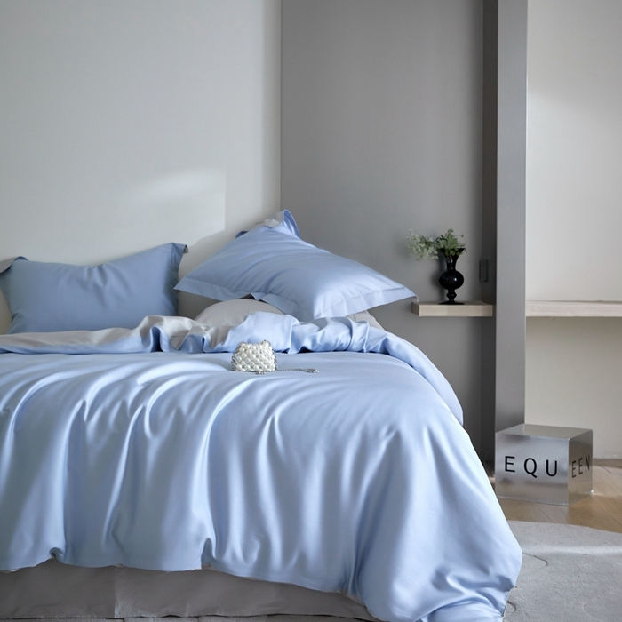 91家纺网 家纺一手货源 找家纺 金奇达2025新款【可芙】-轻氧水光天丝棉四件套（标准号全网控价（折后券后）不低于238元） 可芙-蓝+灰