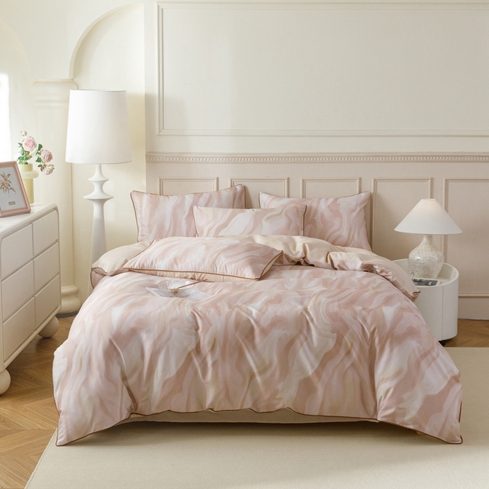 91家纺网 家纺一手货源 找家纺 金奇达2025新款【格林】-轻氧水光莱赛尔四件套（标准号全网控价（折后券后）不低于268元） 格林-杏粉