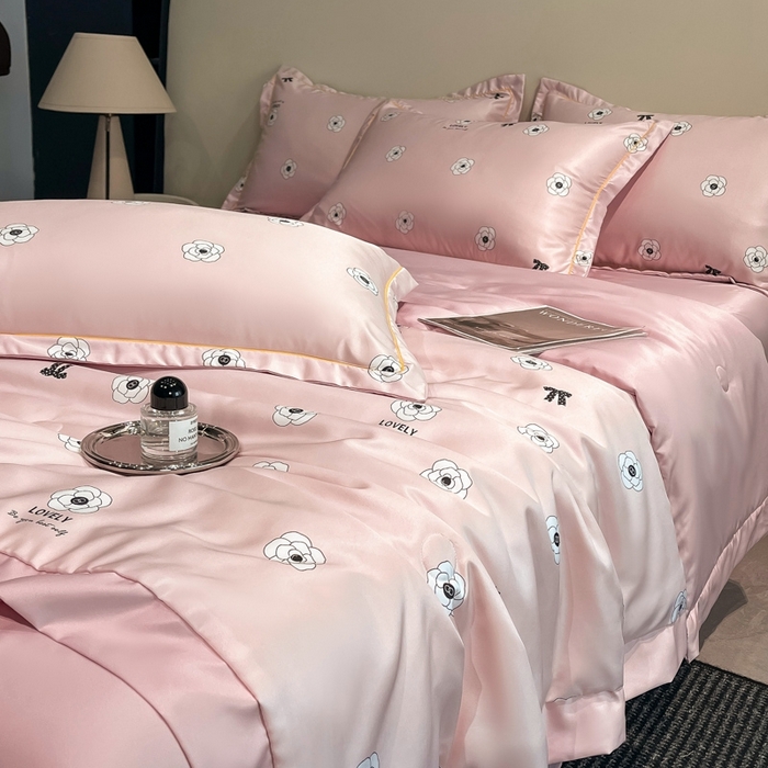 91家纺网 家纺一手货源 找家纺 佳品居 2025新款直播水洗天丝夏被冰丝夏凉被空调被四件套 香格丽粉