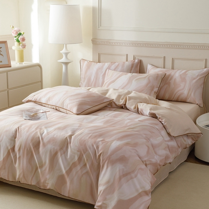 91家纺网 家纺一手货源 找家纺 金奇达2025新款【格林】-轻氧水光莱赛尔四件套（标准号全网控价（折后券后）不低于268元） 格林-杏粉