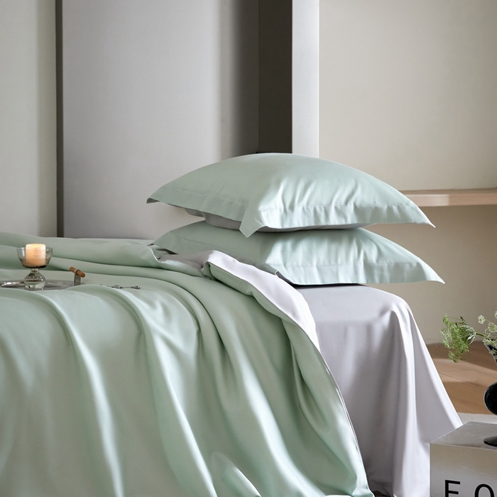 91家纺网 家纺一手货源 找家纺 金奇达2025新款【可芙】-轻氧水光天丝棉四件套（标准号全网控价（折后券后）不低于238元） 可芙-绿+灰