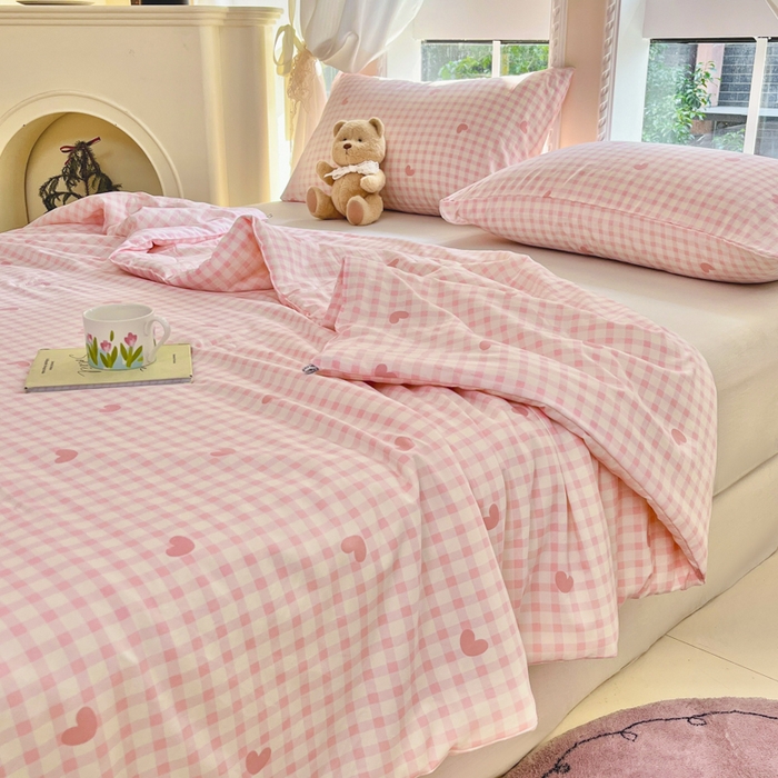 91家纺网 家纺一手货源 找家纺 星巴k家纺 2025糯糯棉A类大豆蛋白纤维夏凉被双层纱水洗棉夏被大豆被 粉格爱心