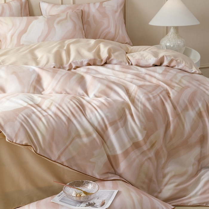 91家纺网 家纺一手货源 找家纺 金奇达2025新款【格林】-轻氧水光莱赛尔四件套（标准号全网控价（折后券后）不低于268元） 格林-杏粉