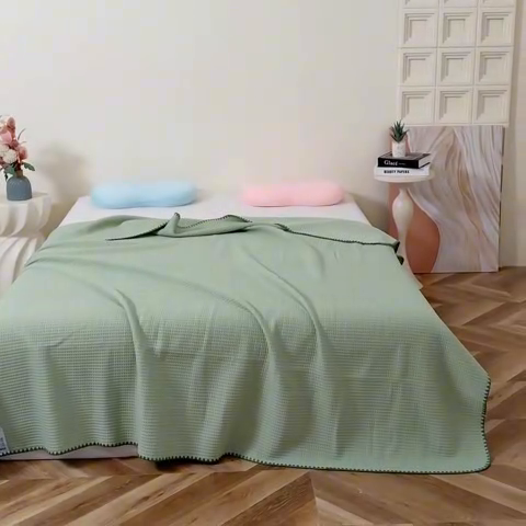 91家纺网 家纺一手货源 找家纺 柏薇2025新款A类华夫格400g凉感丝盖毯多功能双面用凉感夏凉被 双面纯凉感-橄榄绿