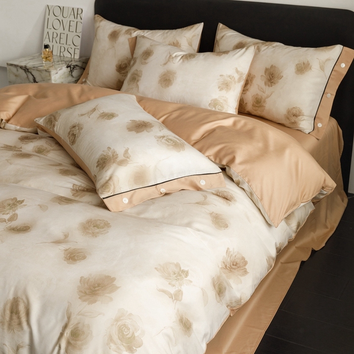 91家纺网 家纺一手货源 找家纺 金奇达2025新款【浮光半夏】-茧养莱赛尔四件套（标准号全网控价（折后券后）不低于258元） 满庭芳-松咖