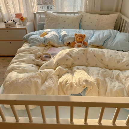 顾里2025新款蕾丝花边云感双层纱套件四件套 蓝蝴蝶结