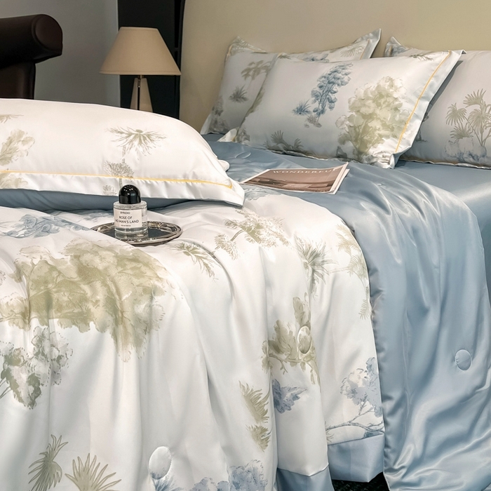 91家纺网 家纺一手货源 找家纺 佳品居 2025新款直播水洗天丝夏被冰丝夏凉被空调被四件套 发财树