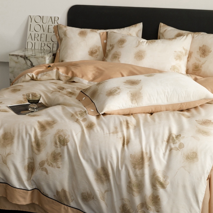 91家纺网 家纺一手货源 找家纺 金奇达2025新款【浮光半夏】-茧养莱赛尔四件套（标准号全网控价（折后券后）不低于258元） 满庭芳-松咖