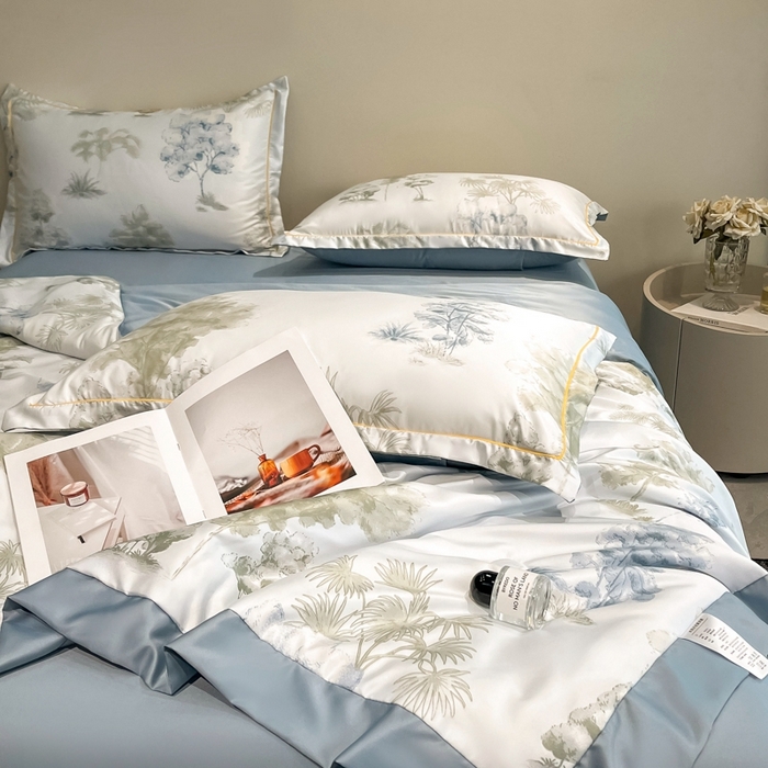 91家纺网 家纺一手货源 找家纺 佳品居 2025新款直播水洗天丝夏被冰丝夏凉被空调被四件套 发财树