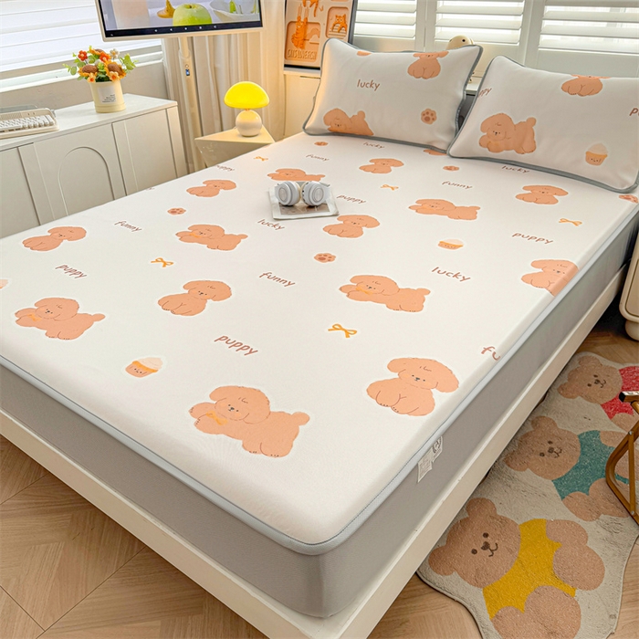 91家纺网 家纺一手货源 找家纺 雯豆家纺 2025夏季新品碳光冰丝凉席床笠款三件套印花小清新绑带冰丝席床罩 碳光冰丝席-床笠款-胖嘟嘟