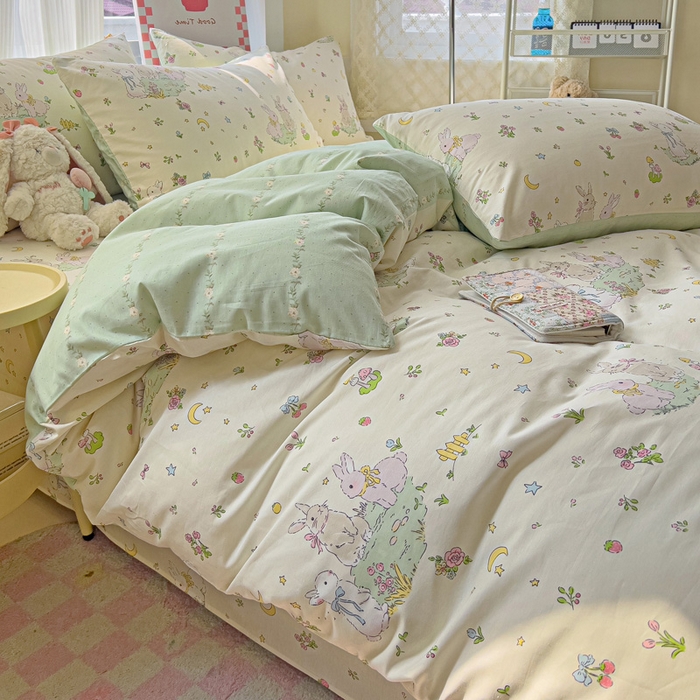 91家纺网 家纺一手货源 找家纺 棉生活家纺 2025新款ins全棉小清新系列四件套 月下小兔