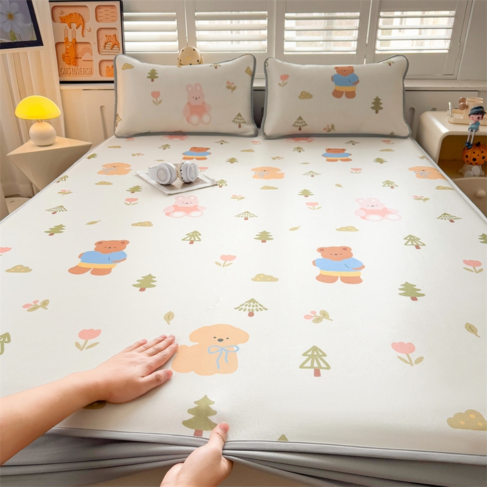 91家纺网 家纺一手货源 找家纺 雯豆家纺 2025夏季新品碳光冰丝凉席床笠款三件套印花小清新绑带冰丝席床罩 碳光冰丝席-床笠款-动物乐园