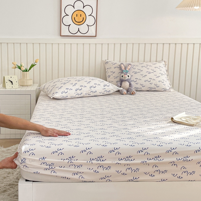 91家纺网 家纺一手货源 找家纺 芯元素 2025新款针织双层纱印花床笠 晴空