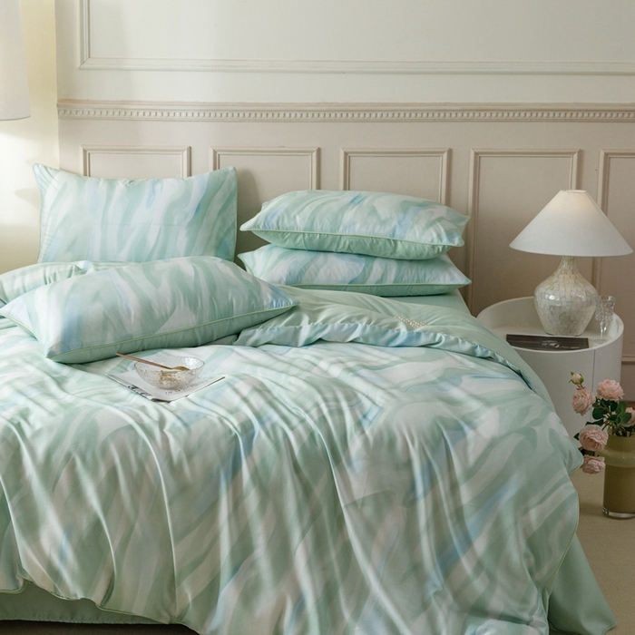 91家纺网 家纺一手货源 找家纺 金奇达2025新款【格林】-轻氧水光莱赛尔四件套（标准号全网控价（折后券后）不低于268元） 格林-水绿