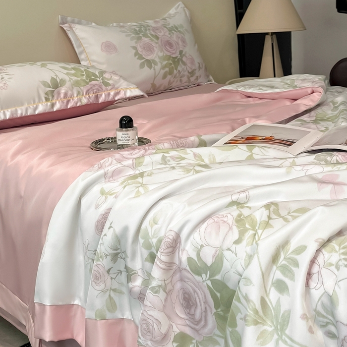 91家纺网 家纺一手货源 找家纺 佳品居 2025新款直播水洗天丝夏被冰丝夏凉被空调被四件套 悦色粉