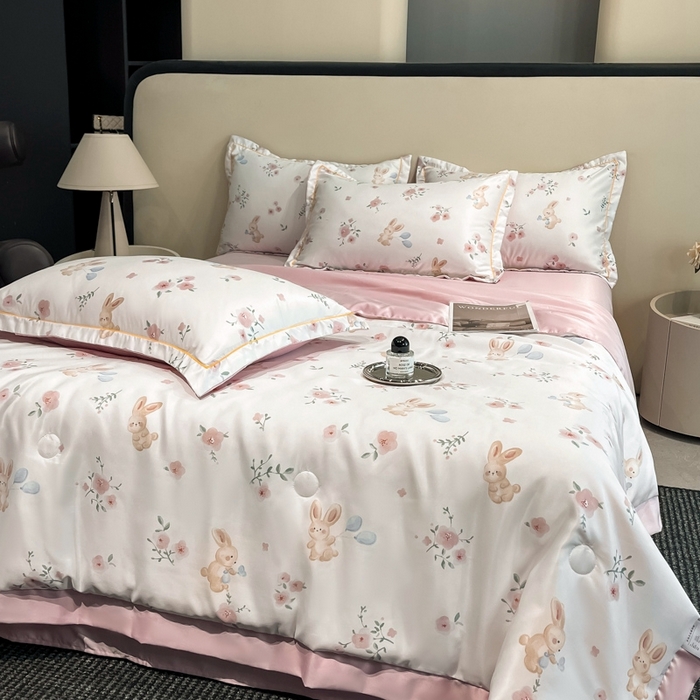 91家纺网 家纺一手货源 找家纺 佳品居 2025新款直播水洗天丝夏被冰丝夏凉被空调被四件套 花晨兔