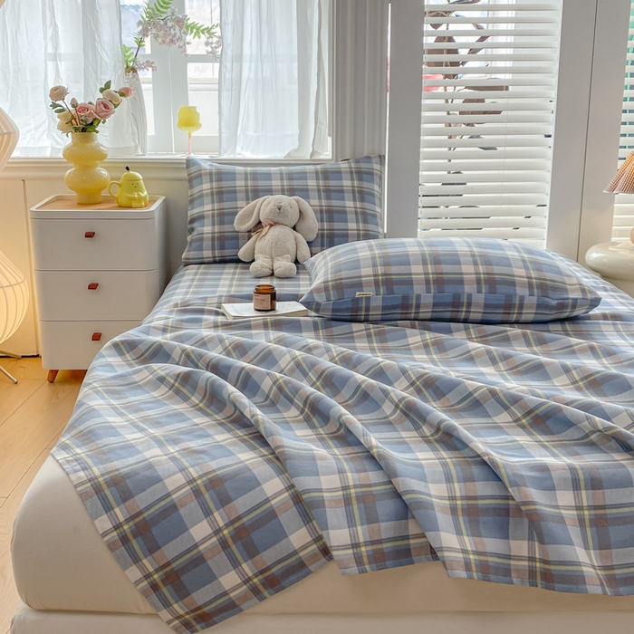 91家纺网 家纺一手货源 找家纺 米柳2025新款原棉老粗布凉席系列 蓝小格