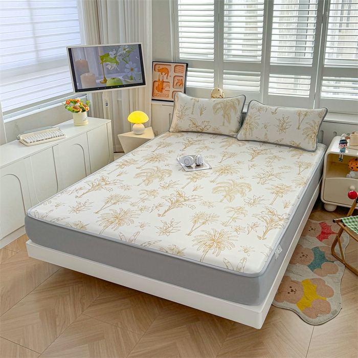 91家纺网 家纺一手货源 找家纺 雯豆家纺 2025夏季新品碳光冰丝凉席床笠款三件套印花小清新绑带冰丝席床罩 碳光冰丝席-床笠款-千枝叶