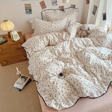 91家纺网 家纺一手货源 找家纺 麦瑞家纺 2025新款A类韩版花边针织双层纱四件套 莱茵花