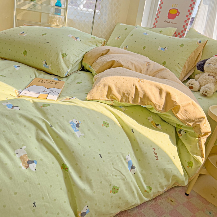 91家纺网 家纺一手货源 找家纺 棉生活家纺 2025新款ins全棉小清新系列四件套 嗨皮狗狗