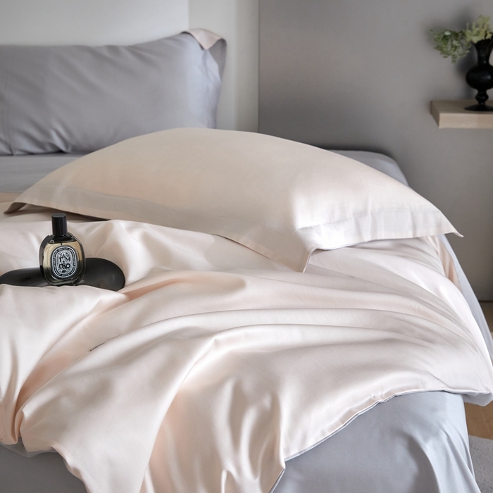 91家纺网 家纺一手货源 找家纺 金奇达2025新款【可芙】-轻氧水光天丝棉四件套（标准号全网控价（折后券后）不低于238元） 可芙-杏+灰