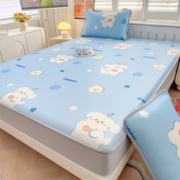 91家纺网 家纺一手货源 找家纺 雯豆家纺 2025夏季新品碳光冰丝凉席床笠款三件套印花小清新绑带冰丝席床罩 碳光冰丝席-床笠款-星星狗