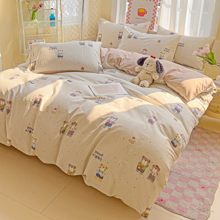 91家纺网 家纺一手货源 找家纺 棉生活家纺 2025新款ins全棉小清新系列四件套 小熊系铃