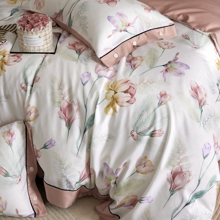 91家纺网 家纺一手货源 找家纺 金奇达2025新款【浮光花漾】-茧养莱赛尔四件套（标准号全网控价（折后券后）不低于258元） 悦颜粉