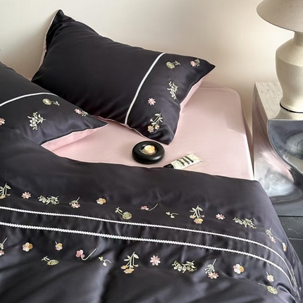 鹿班家居 2025新款60支莱赛尔精密刺绣四件套-茁野花棠【标准会员-20元】 茁野花棠-深灰