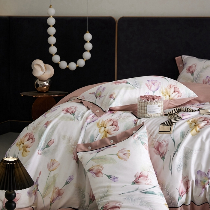 91家纺网 家纺一手货源 找家纺 金奇达2025新款【浮光花漾】-茧养莱赛尔四件套（标准号全网控价（折后券后）不低于258元） 悦颜粉