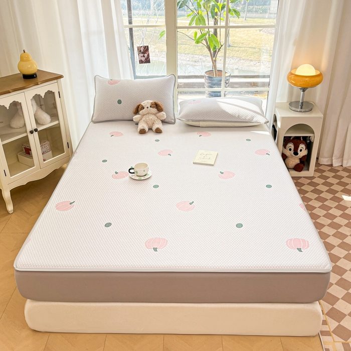 91家纺网 家纺一手货源 找家纺 卡伦2025新款凉感丝凉豆豆凉席床笠提花系列 凉豆豆-南瓜粉