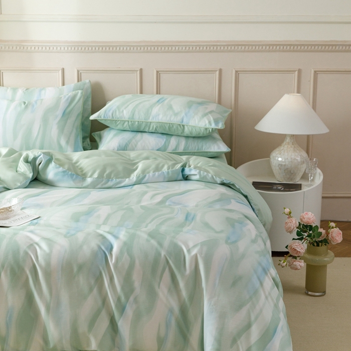 91家纺网 家纺一手货源 找家纺 金奇达2025新款【格林】-轻氧水光莱赛尔四件套（标准号全网控价（折后券后）不低于268元） 格林-水绿