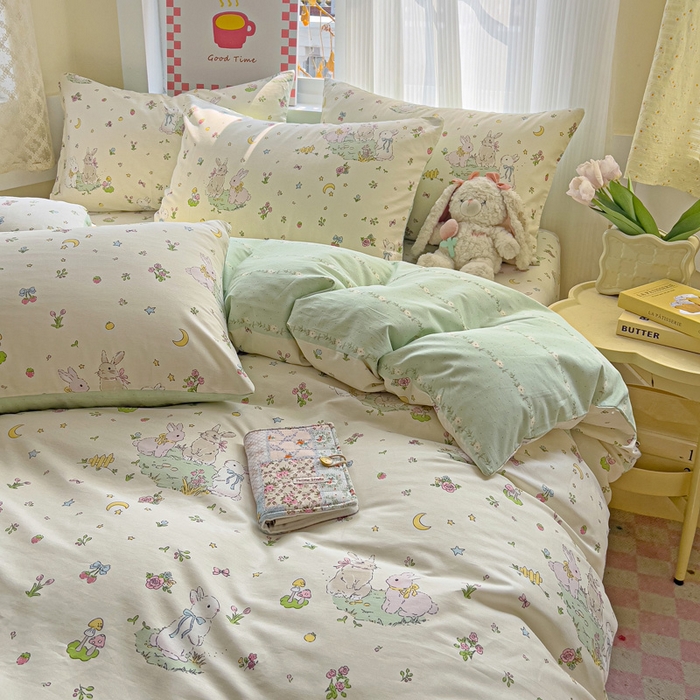 91家纺网 家纺一手货源 找家纺 棉生活家纺 2025新款ins全棉小清新系列四件套 月下小兔