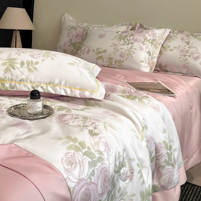 91家纺网 家纺一手货源 找家纺 佳品居 2025新款直播水洗天丝夏被冰丝夏凉被空调被四件套 悦色粉