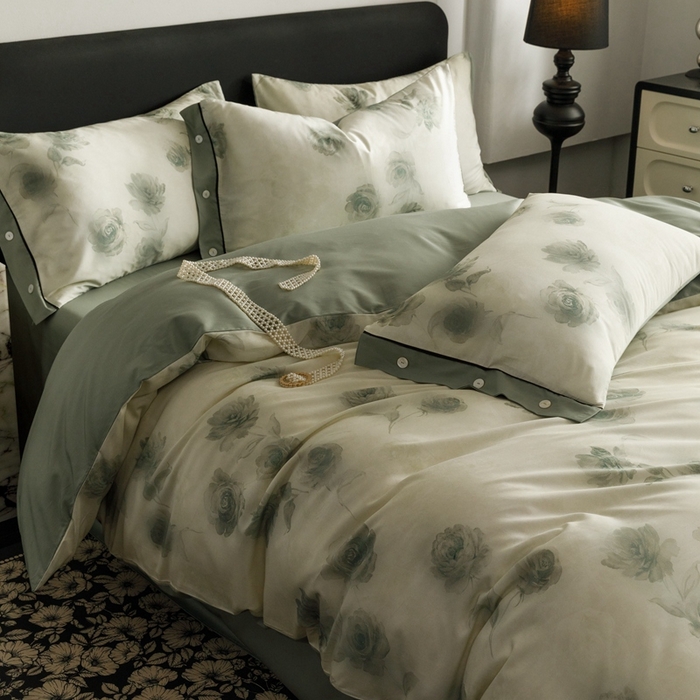 91家纺网 家纺一手货源 找家纺 金奇达2025新款【浮光半夏】-茧养莱赛尔四件套（标准号全网控价（折后券后）不低于258元） 满庭芳-松绿