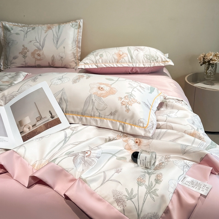 91家纺网 家纺一手货源 找家纺 佳品居 2025新款直播水洗天丝夏被冰丝夏凉被空调被四件套 兮颜粉