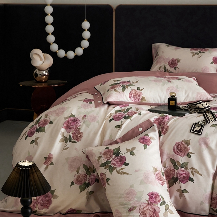 91家纺网 家纺一手货源 找家纺 金奇达2025新款【浮光花漾】-茧养莱赛尔四件套（标准号全网控价（折后券后）不低于258元） 暗夜玫瑰