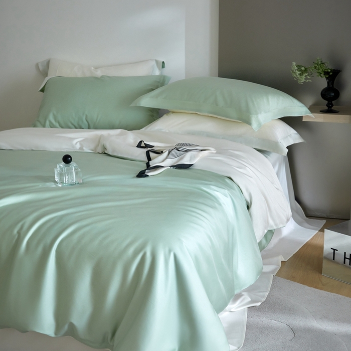 91家纺网 家纺一手货源 找家纺 金奇达2025新款【可芙】-轻氧水光天丝棉四件套（标准号全网控价（折后券后）不低于238元） 可芙-绿+白