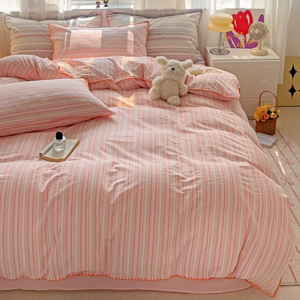 91家纺网 家纺一手货源 找家纺 艾咪 新款贝壳边全棉色织水洗棉四件套三件套 贝壳边时光粉