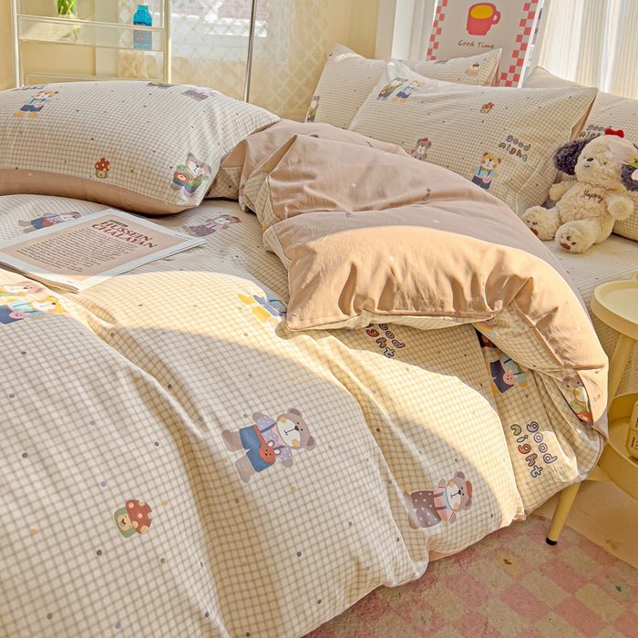 91家纺网 家纺一手货源 找家纺 棉生活家纺 2025新款ins全棉小清新系列四件套 小熊系铃