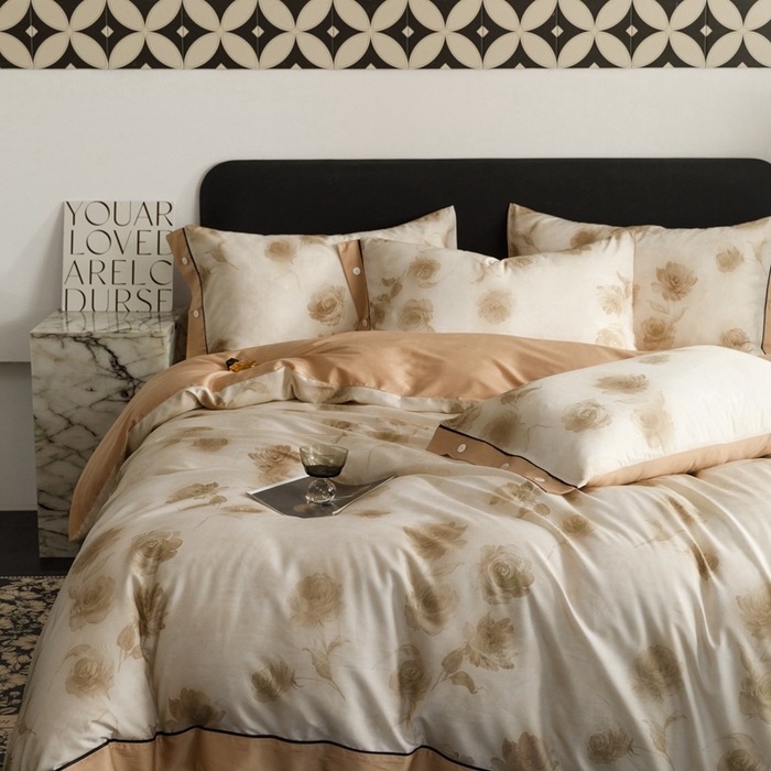 91家纺网 家纺一手货源 找家纺 金奇达2025新款【浮光半夏】-茧养莱赛尔四件套（标准号全网控价（折后券后）不低于258元） 满庭芳-松咖