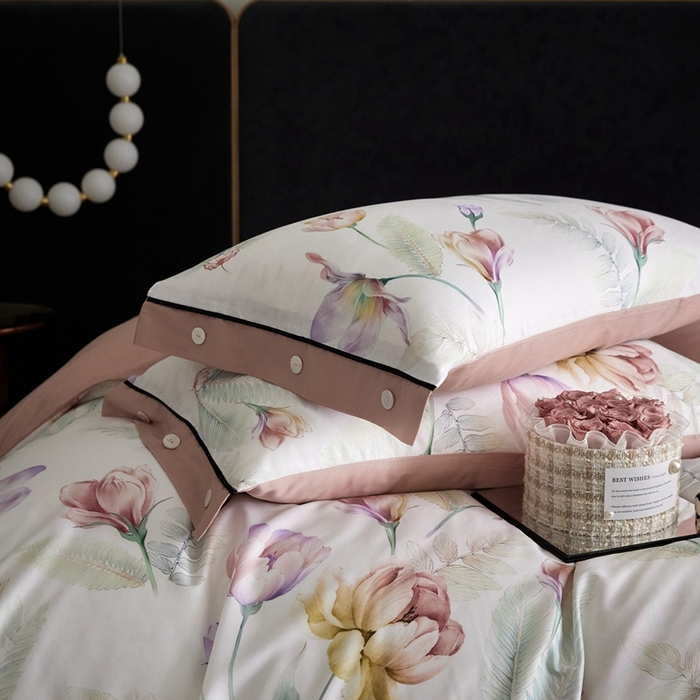 91家纺网 家纺一手货源 找家纺 金奇达2025新款【浮光花漾】-茧养莱赛尔四件套（标准号全网控价（折后券后）不低于258元） 悦颜粉