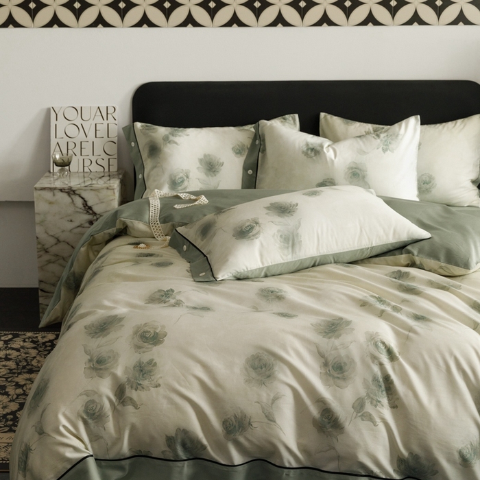 91家纺网 家纺一手货源 找家纺 金奇达2025新款【浮光半夏】-茧养莱赛尔四件套（标准号全网控价（折后券后）不低于258元） 满庭芳-松绿