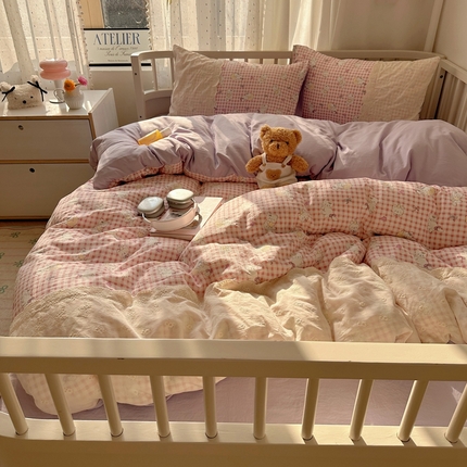 顾里2025新款蕾丝花边云感双层纱套件四件套 粉格奶猫