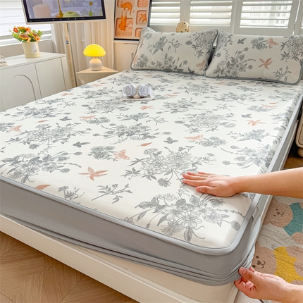 雯豆家纺 2025夏季新品碳光冰丝凉席床笠款三件套印花小清新绑带冰丝席床罩 碳光冰丝席-床笠款-笔墨书香