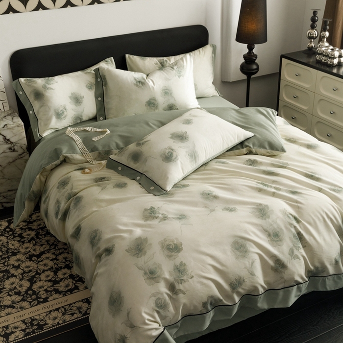 91家纺网 家纺一手货源 找家纺 金奇达2025新款【浮光半夏】-茧养莱赛尔四件套（标准号全网控价（折后券后）不低于258元） 满庭芳-松绿